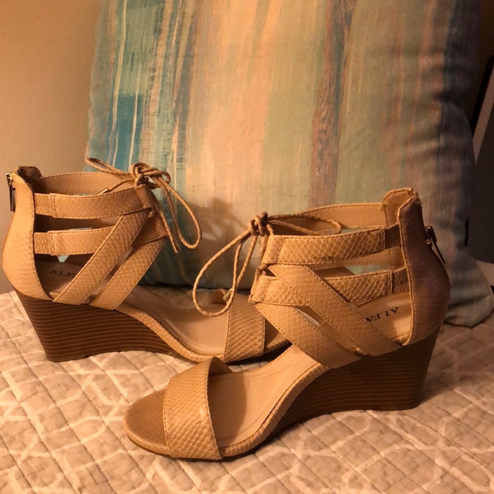 Alfani Nude Wedge Gladiator Sandal w/ 3” wedge & zip.